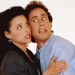 Actors Julia Louis-Dreyfus and Jerry Seinfeld pose for a promotional photo for 'Seinfeld'.