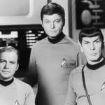 William Shatner as Captain Kirk, DeForest Kelley as Dr 'Bones' McCoy, and Leonard Nimoy as Mr Spock in a promotional portrait for the TV show 'Star Trek' in 1966.