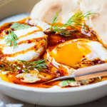 A plate of Turkish poached eggs with yogurt and spicy butter sauce, topped with fresh herbs