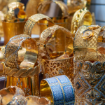 Ornate jewelry on display in a gold souk in Dubai.