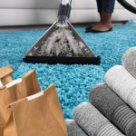 An illustration showing packaged food deliveries, fresh laundry and a carpet being steam cleaned.