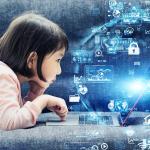 A young girl using a laptop illustrated with holographic internet data and symbols.