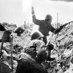 Russian soldiers hiding in their bunker during the World War II, the Battle of Stalingrad, circa 1942.