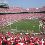 Ohio Stadium at Ohio State University, popularly known as "the horseshoe" filled with a cheering audience in red