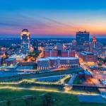 View of Winston-Salem North Carolina skyline at dusk. 