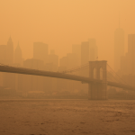 A view of the New York City skyline covered in haze from Canadian wildfires