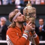 Bjorn Borg kissing the trophy after winning his fifth Wimbledon title in July, 1980. 