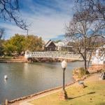 View of bridge over river in a park Lawton, Oklahoma. 