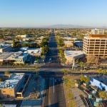 City center aerial view on Center Street in Mesa, AZ.