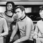 Chekov (Walter Koenig), Uhura (Nichelle Nichols), Scotty (James Doohan), and Sulu (George Takei) on 'Star Trek.'