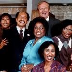 The cast of the TV sitcom 'The Jeffersons'—Berlinda Tolbert, Sherman Hemsley, Isabel Sanford, Franklin Cover, Roxie Roker, and Marla Gibbs—circa 1977 in Los Angeles, California. 