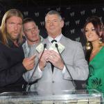 Wrestlers Triple H and John Cena, WWE Chairman Vince McMahon, and WWE Diva Maria at the 1 Million Dollar Mania press conference in 2008 in Los Angeles, California.