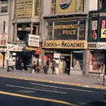 View of book stores, employment agencies, and beauty supply shops line 42nd Street in Manhattan's Times Square, New York, New York, March 1, 1970.