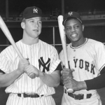 Mickey Mantle of the New York Yankees (L), poses with Willie Mays of the New York Giants (R) at Yankee Stadium prior to the World Series, 1951.