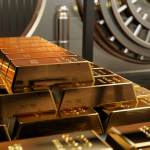 A pile of gold bars inside a bank vault