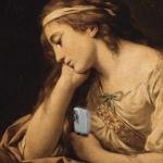 Photo illustration of sad muse holding smartphone, showing concept of screen time and despair.