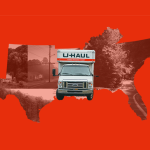 A U-Haul truck is at the center of a Texas state map illustrated in red background with an overlay of a rural places collage.