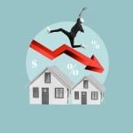 Illustration / collage showing concept of housing price drop depicted by red arrow with downward trend over houses, with a man leaping over the arrow.