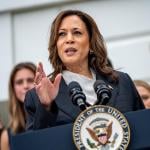 U.S. Vice President Kamala Harris speaks during an NCAA championship teams celebration on the South Lawn of the White House.