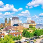 A view of Akron, Ohio on a bright, sunny day