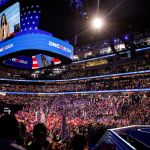 Kamala Harris speaks onstage during the first day of the Democratic National Convention.