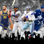 A collage of the most prominent players across different sports teams such as Braves, GSW, Cowboys and Leafs.