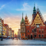 Central market square with old houses at sunset in Wroclaw, Poland