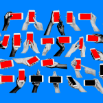 Photo illustration of many hands holding cell phones against blue background with some phones displaying red screens; concept of cell phone ban.