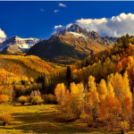 Fall foliage against Rocky Mountain peaks in Colorado