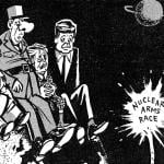 Khrushchev, de Gaulle, Macmillan, and President Kennedy in a 1961 cartoon about the nuclear arms race.