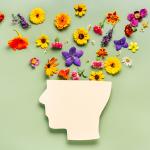 World mental health day concept showing different types of flowers blooming out of a head.