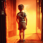 A young Cary Guffey staring at a doorway with a bright orange light shining through it in a scene from the movie 'Close Encounters of the Third Kind' in 1977.