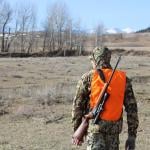 Rear view of a hunter carrying a rifle and wearing high-visibility vest walking toward open field.