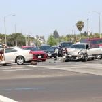 A multi-car accident in an intersection in Inglewood, CA.