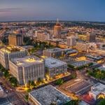 Aerial view of Fresno city skyline in California.