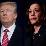 Side-by-side collage of portraits of presidential candidates Donald Trump (left) and Kamala Harris (right)