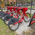 A rack of e-bikes.