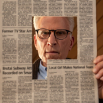 Ted Danson looking through a hole cut out of a newspaper in a scene from 'A Man on the Inside'