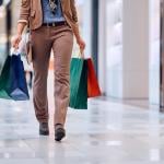 Photo showing close-up of shopping bags as shopper walks through retail mall.