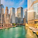 Chicago River running through downtown Chicago at sunrise.