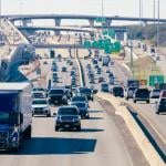 Congested traffic makes its way along the freeway to Austin, Texas