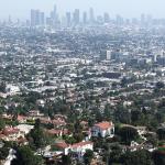 A foggy view of the downtown skyline in Los Angeles, California.