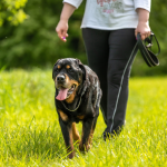 Person walking a Rottweiler dog on a leash in a grassy meadow