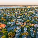 An aerial view of downtown Charleston, South Carolina during a sunrise.