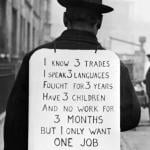 A person making their own protest against unemployment during the Great Depression.