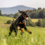 An adult male doberman dog playing happily in a meadow