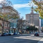 View of downtown buildings such as the historic high-rise Bank of Italy office building in San Jose, California.