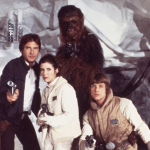 Actor Harrison Ford ,Carrie Fisher, Harrison Ford, Mark Hamill and Peter Mayhew as Chewbacca pose for a portrait on the set of 'Star Wars: The Empire Strikes Back' in 1979