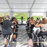 People attend an outdoor SoulCycle class at the Hudson Yards in New York City.