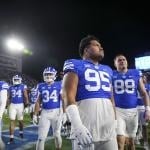 Luke To'omalatai (95) after the game against the Kansas Jayhawks in Provo.